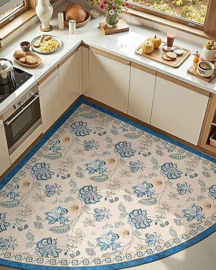jinchan Elora Floral Corner Rug for Living Room Washable Bedroom Rug Vintage Romance Design Non Slip Quarter Circle Lightweight Low-Pile Throw Carpet for Reading Nook Playroom, 6ft Radius, Blue/Beige