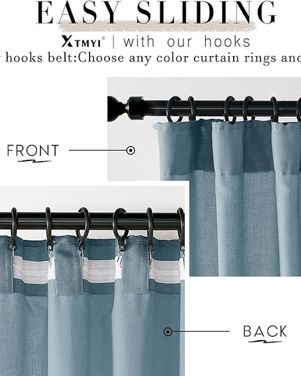 XTMYI Dusty Blue Curtains 84 Inches Long for Living Room,Light Filtering Country Vintage Hooks Pleated Back Tab Semi Sheer Linen Curtains for Bedroom 2 Panels Set,Grey Stone Blue