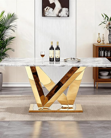 70 Inch Modern Rectangular Dining Table for 6, Faux Marble Top with Mirrored Stainless Steel Base, Large Kitchen Table for Dining Room, Living Room, Office, Conference, (Table Only) (Gold + Grey)