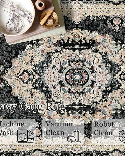 Black Round Rug 9ft,Large Circle Area Rugs for Bedroom Living Room Dining Room,Washable Boho Vintage Bohemian Distressed Oriental Carpet Non Slip,Floral