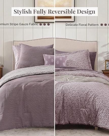 Full Comforter Set - 7 Pieces Deep Purple Gauze Muslin Bedding Sets for All Seasons, Lightweight Breathable Bed in a Bag Full with Revesible Farmhouse Comforter, Sheets, Pillowcases & Shams