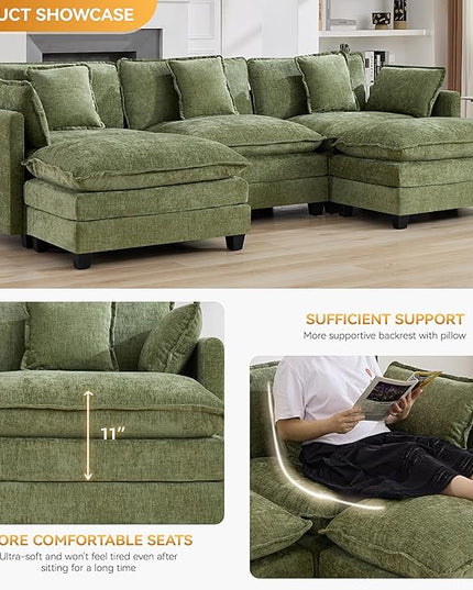 111'' Sectional Cloud Deep Seat Couch, Oversized Chenille U Shaped Sectional Sofa for Living Room Set, Comfy Upholstered Modular 3-Seats Sectional Sofa Couch with 2 Movable Ottoman, Green