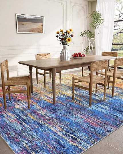 Modern Abstract Living Room Rug 10x13, Machine Washable Large Carpet, Non Slip Low Pile Throw Rug, Ultra Soft Indoor Floor Carpet for Bedroom Dining Room Table Home Decor, Blue/Orange