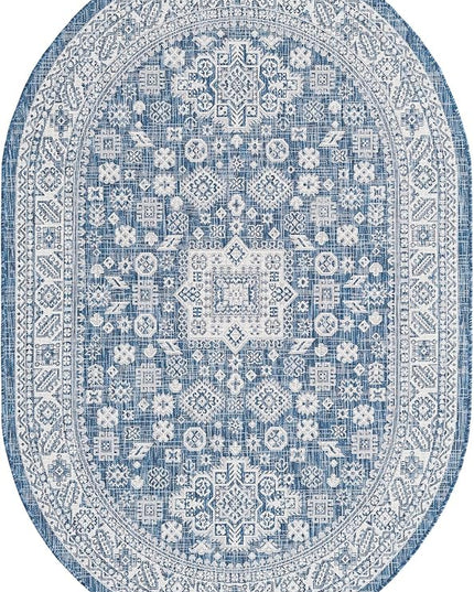 Rugs.com Outdoor Aztec Collection Rug – 5' x 8' Oval Blue Flatweave Rug Perfect for Living Rooms, Large Dining Rooms, Open Floorplans