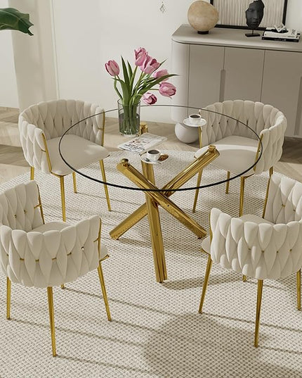 Golden Round Dining Table Set for 4, 39'' Clear Glass Top Dinner Table Set, 5 Piece Modern Luxury Circle Kitchen Table and Ivory Woven Chairs Set, Small Circular Dinette Set, for Apartment