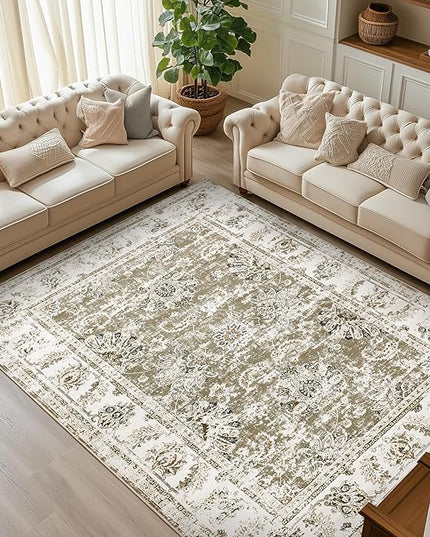 jinchan Fiora 10x12 Area Rug for Living Room - Machine Washable Vintage Floral Distressed Design Stain Resistant Carpet Low Pile Non-Slip Large Rug for Bedroom Dining Room Home Office (10‘x12', Taupe)