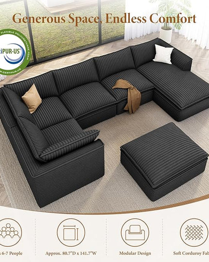 Vesgantti 141.7" Oversized Sectional Boneless Couch, 7 Seater Modular Sofa with Chaise & Ottoman & Armrest, Deep Seat Plush Corduroy Cloud Couch for Living Room, No Assembly Required, Dark Gray