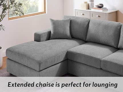 VANOMi 118'' U Shaped Sectional Sofa Couch, Corduroy Fabric Modern Cozy Jumbo Size 4-Seater Living Room Couch, Double Chaise Longue, Dark Grey