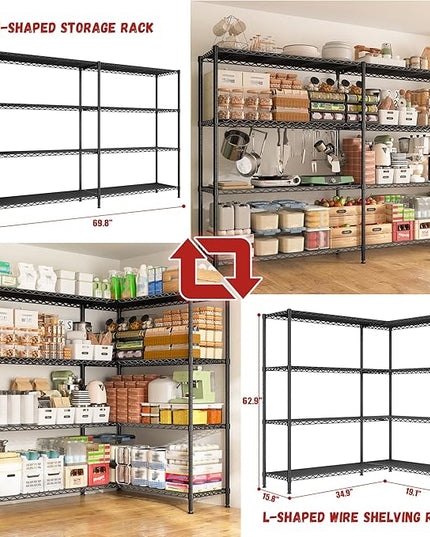 REIBII 69.8" W Storage Shelves 1250LBS Wire Shelving Unit 4 Tier Metal Shelving for Storage Rack Shelves Adjustable Heavy Duty Garage Shelf Pantry Shelves Kitchen Shelving, 69.8"Wx15.8"Dx62.9"H,Black
