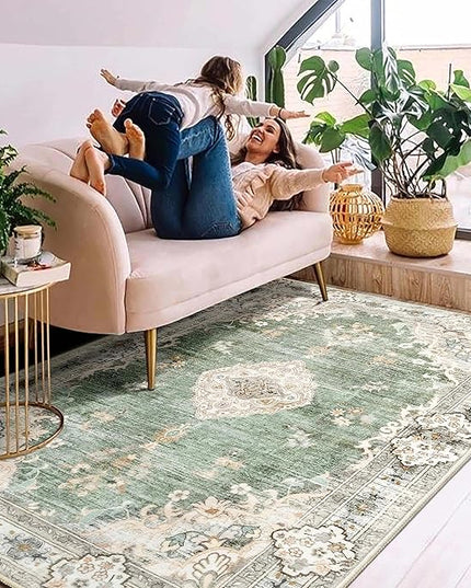 MUJOO Boho Rug 4'x6.5' Area Rugs for Bedroom Living Room Dining Room Green Small Rugs Machine Washable Non Slip Carpet for Office Dorm Bedside Kitchen Laundry Room Accent Soft Floral