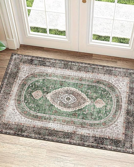 Small Rugs 2x3,Green Rug for Entryway Bathroom Bedroom Kitchen Entrance Doormat,Boho Vintage Bohemian Distressed Washable Oriental Accent Floor Throw Carpet Non Slip
