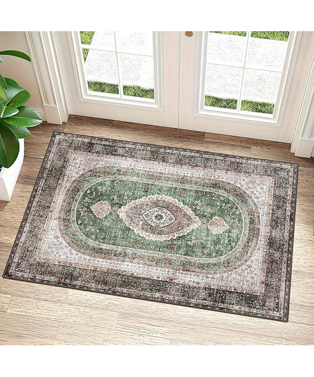 Small Rugs 2x3,Green Rug for Entryway Bathroom Bedroom Kitchen Entrance Doormat,Boho Vintage Bohemian Distressed Washable Oriental Accent Floor Throw Carpet Non Slip