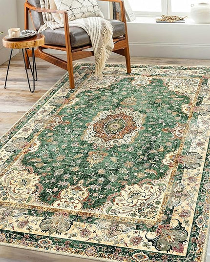 Green Rug 3'x5',Washable Area Rugs for Bedroom Living Room Kitchen Entryway Bedside,Small Boho Vintage Bohemian Distressed Oriental Non Slip Carpet,Retro Sage Floral