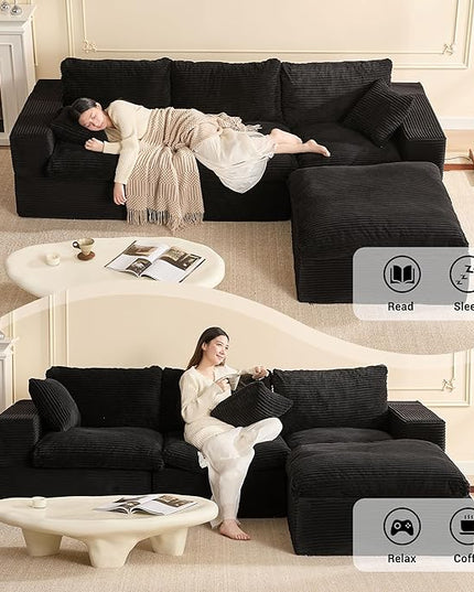 106.3” Sectional Couches for Living Room, Cloud Couch, Modular Sectional Sofa, Convertible Sofas Bed, Deep Seat Sofa, L Shaped Cozy Sofa Furniture Set, Corduroy, Black