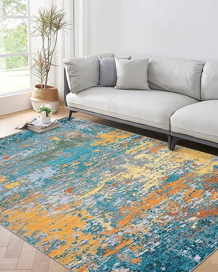 Area Rug 4x6 Stain Resistant Carpet Modern Abstract Rugs Ultra Soft Indoor Floor Cover Accent Rug Low Pile Thin Rug for Living Room Bedroom Dining Room, Multi Color