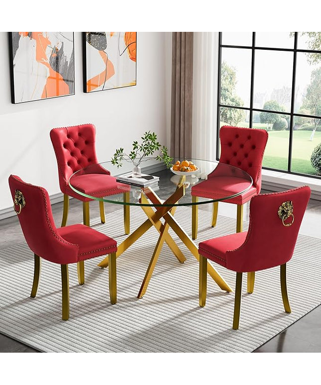 HomVent 5 Piece Round Glass Dining Table Set, Tempered Glass Dinner Table Set for 4 Kitchen Table Set with 4 Velvet Upholstered Chairs for Kitchen Dining Room
