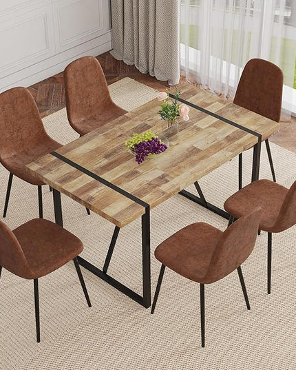 6 Chair Dining Table Set，Dinner Table Set for 6, 55'' Kitchen Table and PU Leather Chairs Set of 6, 7 Piece Dining Table Set for Kitchen Dining Room