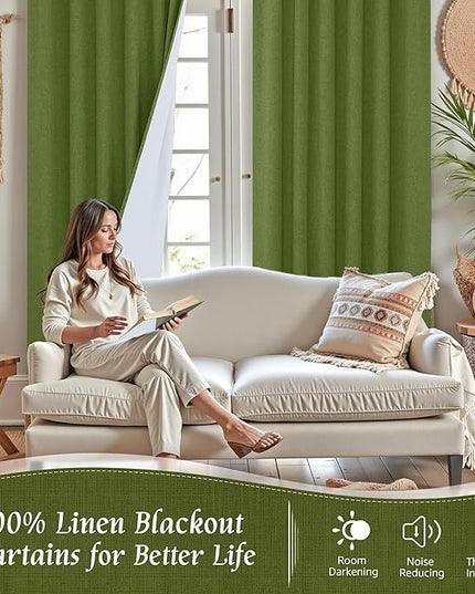 LAMIT Olive Green 100% Blackout Linen Curtains, 84 Inch Linen Textured Living Room Bedroom Drapes Room Darkening Back Tab and Rod Pocket Christmas Panels with White Liner, 2 Panels, 52 x 84 Inch