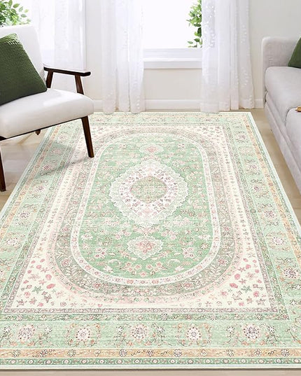 Green Rug 4x6.5,Washable Area Rugs for Bedroom Living Room Kitchen Entryway,Small Boho Vintage Bohemian Distressed Oriental Non Slip Carpet,Sage Blush Floral