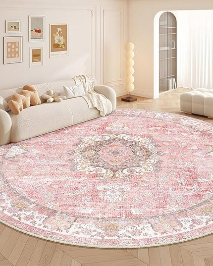 Large Pink Round Rug 9ft,Boho Circle Area Rugs for Bedroom Living Room,Washable Vintage Bohemian Distressed Oriental Floral Carpet Non Slip,Blush Floral Flowers