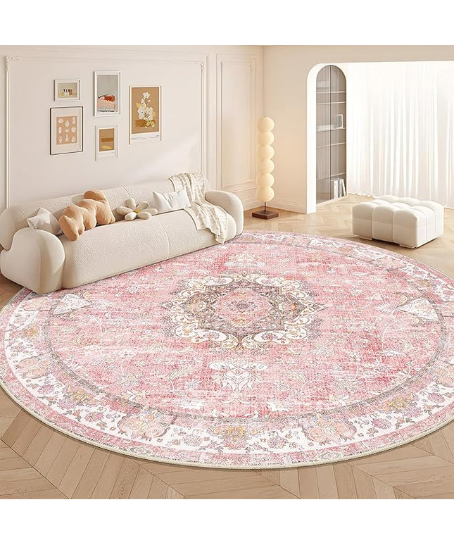 Large Pink Round Rug 9ft,Boho Circle Area Rugs for Bedroom Living Room,Washable Vintage Bohemian Distressed Oriental Floral Carpet Non Slip,Blush Floral Flowers