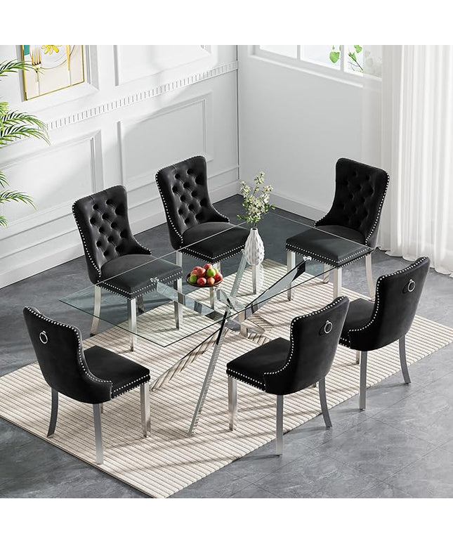Rectangle Glass Dining Table Set for 6, 60'' Kitchen Table and Chairs Set, 7PCS Modern Dining Room Table Set with 6 Velvet Dining Chair for Home