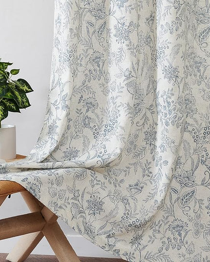 Lazzzy Linen Farmhouse Curtains for Living Room 96 Inch Length Floral Print Window Curtains Semi Sheer Drapes for Bedroom Country Light Filtering Curtain Grommet Top 2 Panels Blue on Beige