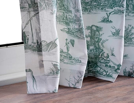 Maison d' Hermine Curtains for Living Room 100% Cotton 124 inch Length Two Panels Light Filtering Toile Curtains with Rod and Loop Pockets (Calais Antique Green (White Background), 50" W x 124" L)
