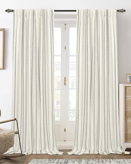 DriftAway Farmhouse Linen Blend Blackout Curtains 84 Inches Long for Bedroom Vertical Striped Printed Linen Curtains Thermal Insulated Lined Treatments for Living Room 2 Panels W52 x L84 Linen Grey
