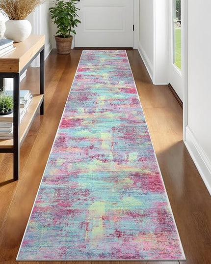 IOHOUZE Abstract Runner Rug 2x12 Ft Washable Runners for Hallways, Non Slip Kitchen Runner Printed Faux Wool Entryway Runner Indoor, Modern Abstract Floor Carpet for Hall Kitchen, Pink Teal