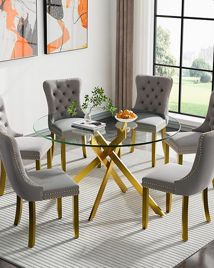 HomVent 7 Piece Round Glass Dining Table Set, Tempered Glass Dinner Table Set for 6 Kitchen Table Set with 6 Velvet Upholstered Chairs for Kitchen Dining Room