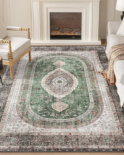 5x7 Area Rugs Washable,Green Rug for Living Room Bedroom Kitchen,Large Boho Vintage Bohemian Distressed Oriental Carpet Non Slip