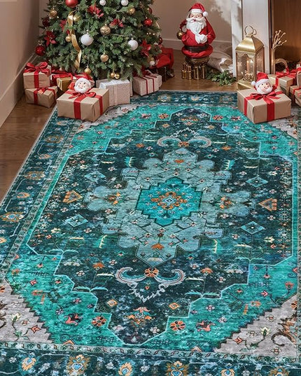 Ciicool Boho Machine Washable Area Rug, 4x6 Rugs for Living Room Non-Slip Bedroom Rug Vintage Rug Ultra-Thin Throw Distressed Large Low-Pile Carpet for Dining Room Office