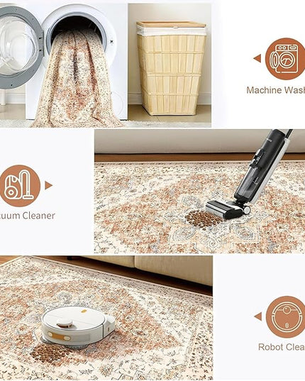 Ciicool 4x6 Rug, Washable Area Rug Boho Rugs for Living Room Non-Slip Indoor Rugs Large Low-Pile Mat Floor Carpet Vintage Rug for Bedroom Dinning Office Foyer Decor