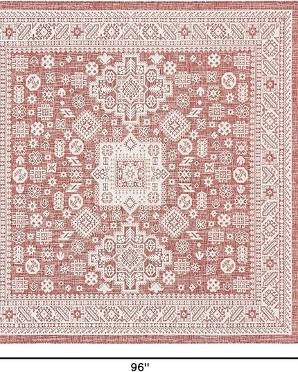 Rugs.com Outdoor Aztec Collection Rug – 8 Ft Square Rust Red Flatweave Rug Perfect for Living Rooms, Kitchens, Entryways