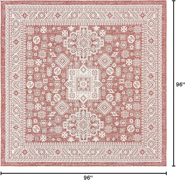 Rugs.com Outdoor Aztec Collection Rug – 8 Ft Square Rust Red Flatweave Rug Perfect for Living Rooms, Kitchens, Entryways