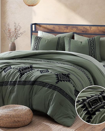MaiRêve Embroidery Comforter Set, Boho Farmhouse Western Bedding Set, All Season Bed in A Bag Comforter Set with Sheets, Pillowcases & Shams, Olive Green Queen 7 Pieces
