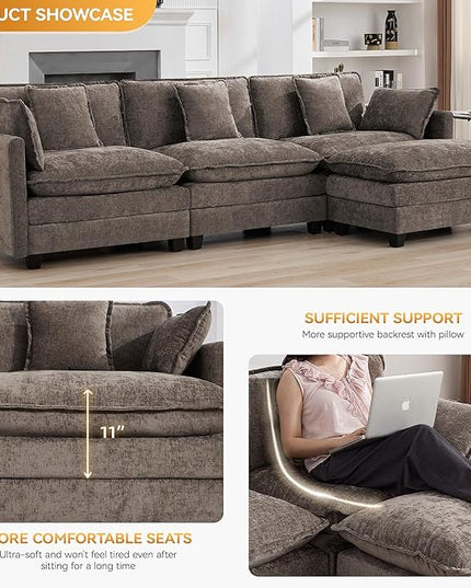 111'' Sectional Cloud Deep Seat Couch, Modern Comfy Chenille L Shaped Sectional Sofa for Living Room Set, Upholstered Modular 3-Seats Sofa Couch with 1 Movable Ottoman, Brown
