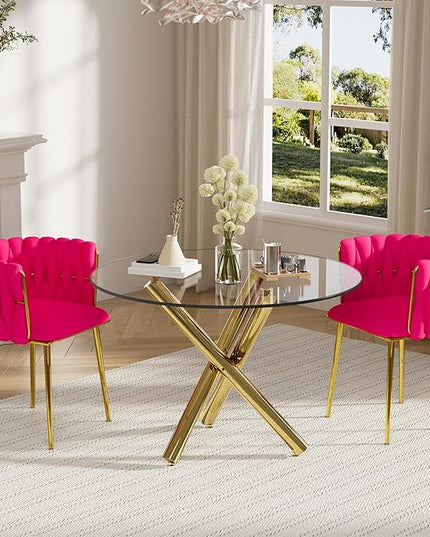 Modern Luxury Round Glass Dining Table Set for 2, 36'' Clear Circle Glass Top Kitchen Table Set, 3 PCS Small Minimalist Circular Dinner Room Set, Rose Red Woven Chair, for Apartment (Golden)