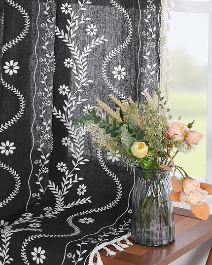 Boho Curtains for Living Room 63 Inches Long Semi Sheer Linen Floral Curtains Vintage Farmhouse Window Curtain 2 Panel Sets for Dining Room Kitchen Black