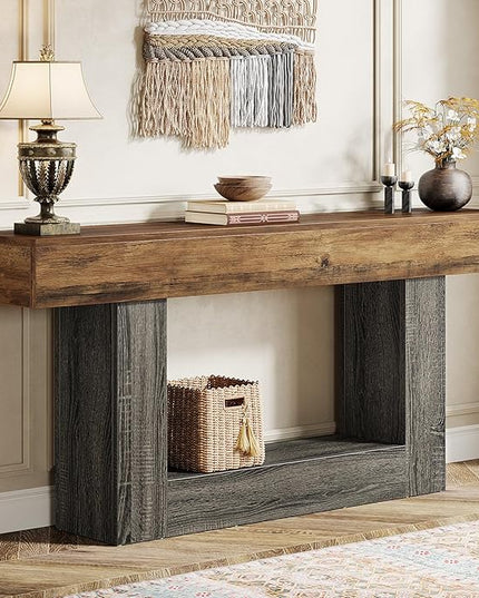 Tribesigns 63" Console Table, Farmhouse 2-Tier Entryway Table with U-Shaped Base, Narrow Long Wood Sofa Table Behind Couch Table for Living Room, Hallway, Foyer, Vintage Brown & Gray