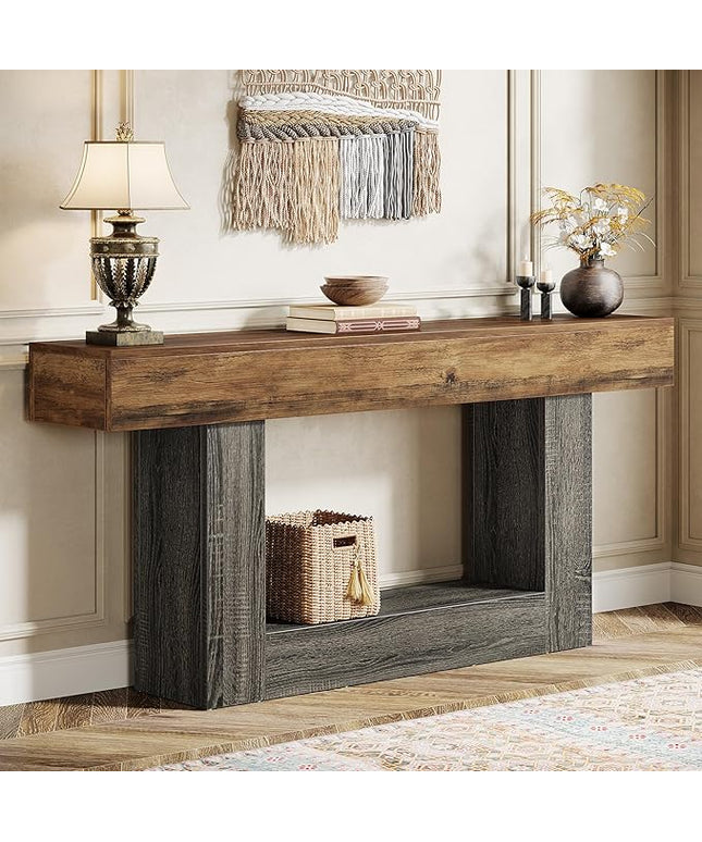Tribesigns 63" Console Table, Farmhouse 2-Tier Entryway Table with U-Shaped Base, Narrow Long Wood Sofa Table Behind Couch Table for Living Room, Hallway, Foyer, Vintage Brown & Gray