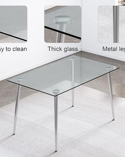 Silver Glass Dining Room Table Set for 6, 63'' Modern Luxury Rectangular Dinner Table Set, 7 PCS Clear Glass Top Minimalist Kitchen Table Set, Ivory Woven Dining Chair for Small Apartment