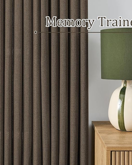 Brown Pleated Linen Curtains 100 Inches Long Farmhouse Semi Sheer Memory Trained Shape Pinch Pleat Drapes with Hooks Back Tab Ripple Fold Curtain for Bedroom Living Room 50x100