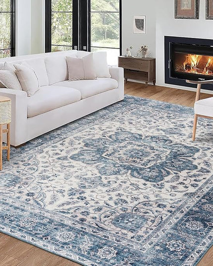 ReaLife Rugs Machine Washable Area Rug - Living Room Bedroom Bathroom Kitchen Entryway Office - Padded Low Pile Stain Resistant Premium - Boho Farmhouse Vintage - Joy - Blue Ivory 7'6" x 9'6"