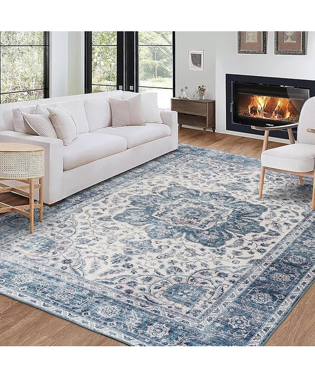 ReaLife Rugs Machine Washable Area Rug - Living Room Bedroom Bathroom Kitchen Entryway Office - Padded Low Pile Stain Resistant Premium - Boho Farmhouse Vintage - Joy - Blue Ivory 7'6" x 9'6"