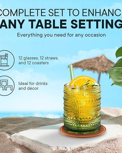 12 OZ Hobnail Drinking Set of 12 – Vintage Embossed Glassware, Textured Tumblers for Water, Beer, Cocktails, Mocktails, Whiskey & More – Includes Straws and Coasters – Green