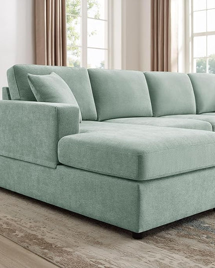 VANOMi 118'' U Shaped Sectional Sofa, 4 Seat Modern Sectional Couch, Double Chaise Longue, Cozy Chenille Sofa Couches for Living Room Apartment, Mint