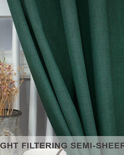 Pitalk Dark Green Curtains 63 Inch Length for Bedroom 2 Panels Back Tab Pocket Lightweight Light Filtering Semi Sheer Linen Hunter Green Curtain for Boys Room Kitchen Olive Forest Decor 52x63