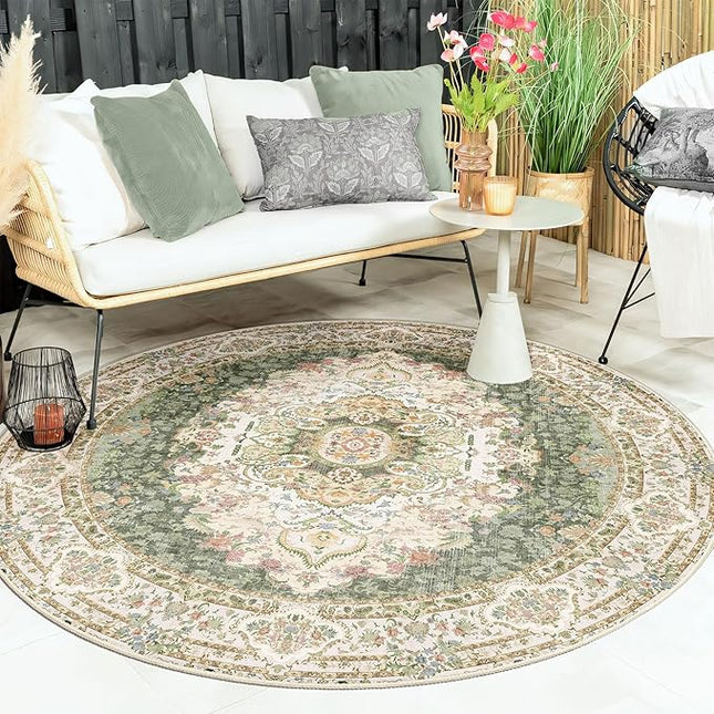 Green Round Rug 6ft,Large Circle Area Rugs for Bedroom Living Room Dining Room,Washable Boho Vintage Bohemian Distressed Oriental Carpet Non Slip,Sage Floral